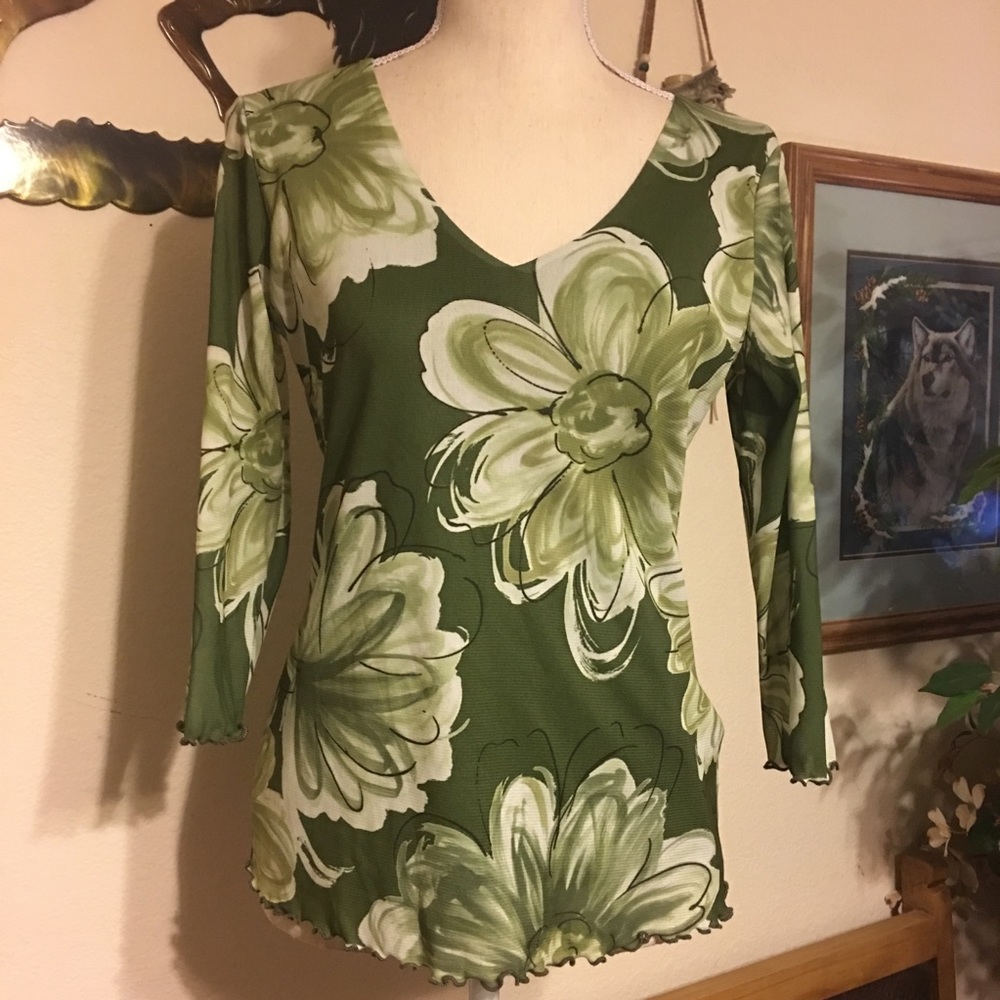 Moa Moa green floral 3/4 sleeve top S